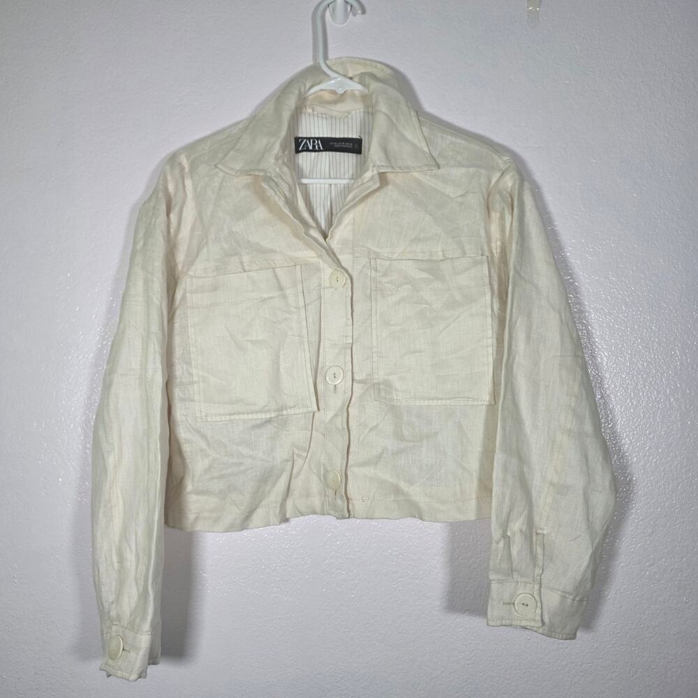 Zara Cropped Utility Shirt Jacket Cream Button Front Womens XS